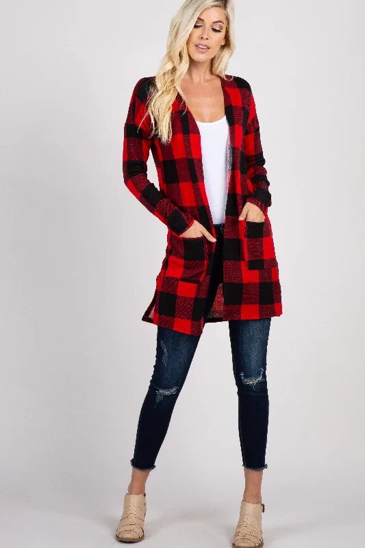 Three - quarter - sleeve cardigan for versatility -Red Plaid Long Sleeve Cardigan