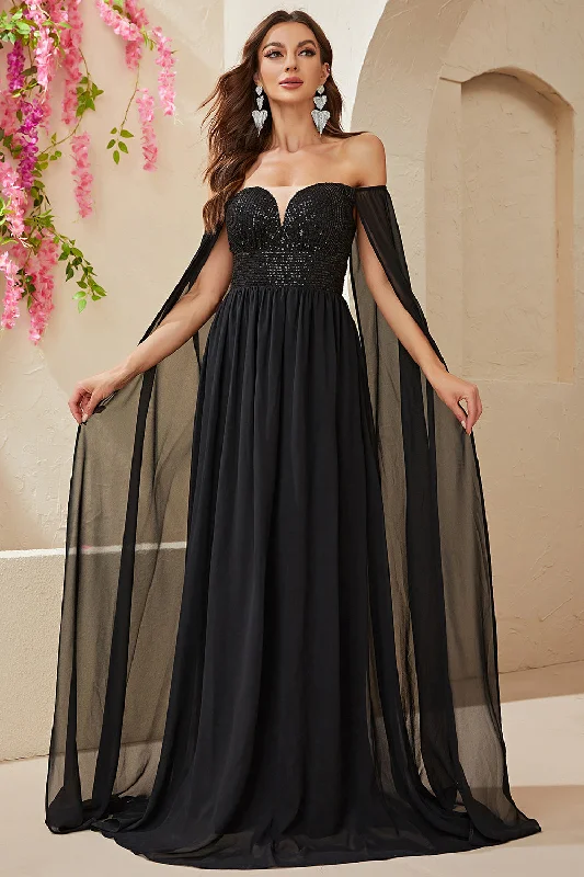 Floral Dresses for Romantic -Black  A-line Off The Shoulder Chiffon Long Prom Dress