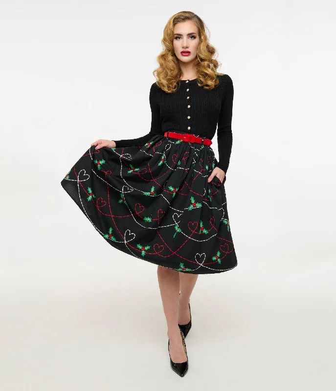 Trendy leather skirts for edgy modern looks -Hell Bunny 1950s Festive Hearts & Holly Print Angelica Swing Skirt