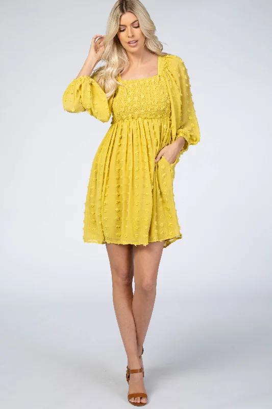 Animal Print Dresses for Fun -Yellow Textured Dot Smocked Square Neck Chiffon Dress