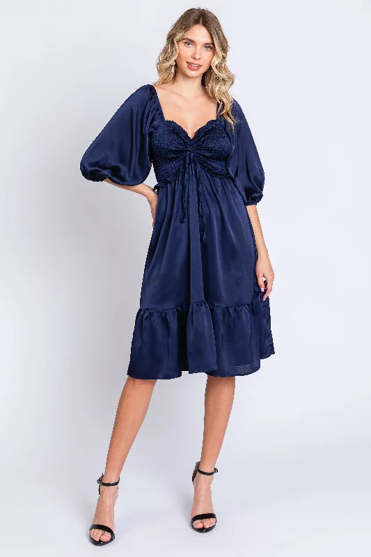 One-shoulder Dresses for Trendy -Navy Satin Smocked Ruffle Hem Dress