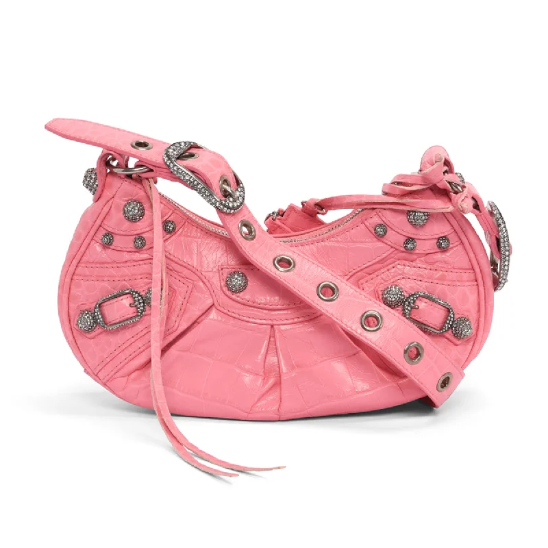 Handle bags with neutral leather for elegance -Balenciaga Pink Croc Embossed Le Cagole XS Bag