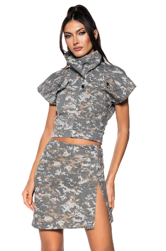 Wrap skirts for adjustable stylish fit -WE RIDE CAMO BUTTON DOWN AND MINI SKIRT SET IN GREY