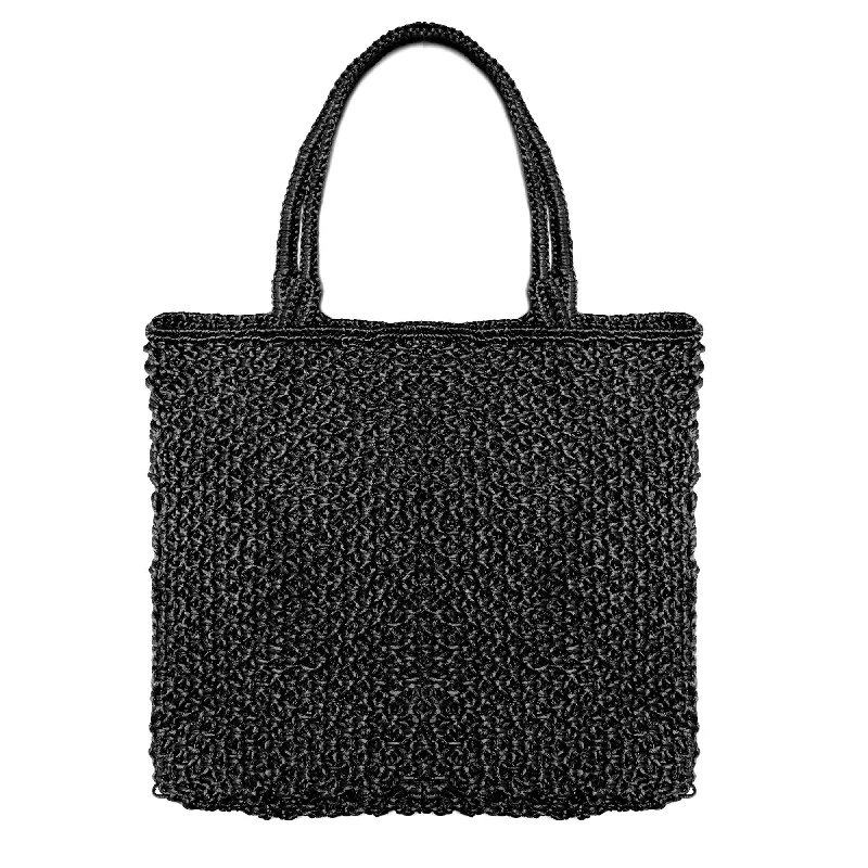 Handle bags with subtle embroidery for detail -MARA Hand Woven Macrame Bag - Black