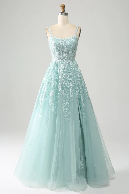 Low-waisted Dresses for Relaxed -Glitter Mint A-Line Tulle Long Prom Dress with Lace