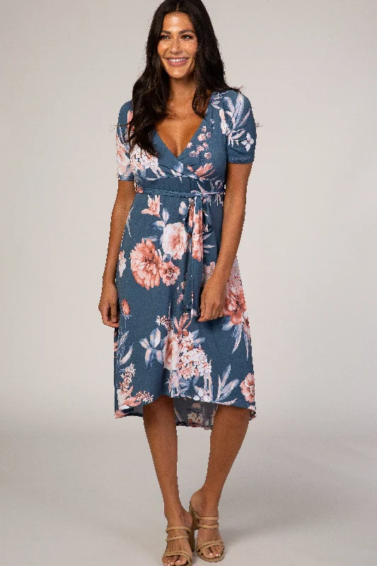 Strapless Dresses for Glamorous -Blue Floral Draped Hi-Low Dress