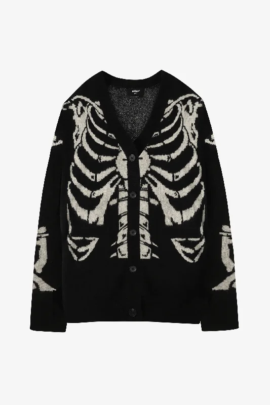 Wool cardigan for winter outdoor activities -Oversized Skeleton Knit Cardigan | Black