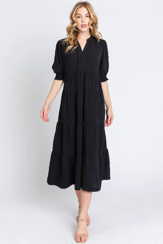 Solid Color Dresses for Simple -Black Short Sleeve Tiered Midi Dress