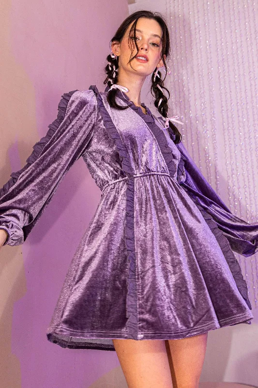 Office Dresses for Business -Lavender Velvet Ruffle Detail Surplice Dress