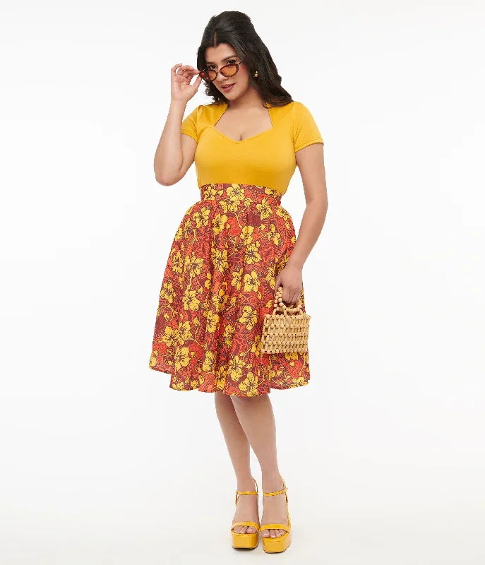 Cute pleated skirts for youthful school outfits -1950s Orange & Yellow Tropical Floral Mimosa Swing Skirt