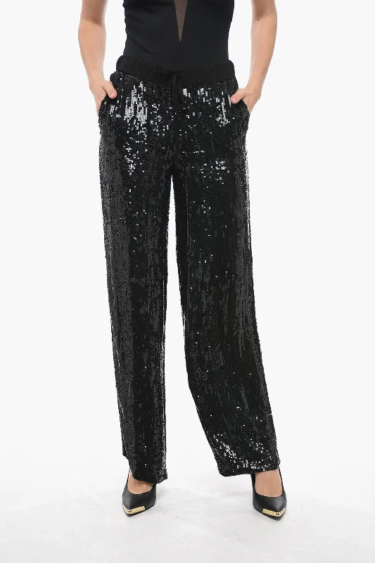 Trendy tight trousers for women with zipper details and edgy finish -Parosh Sequined GOODY Wide-leg Pants