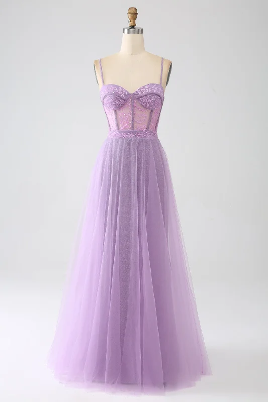 A-line Dresses for Flattering -A-Line Lilac Spaghetti Straps Long Corset Prom Dress