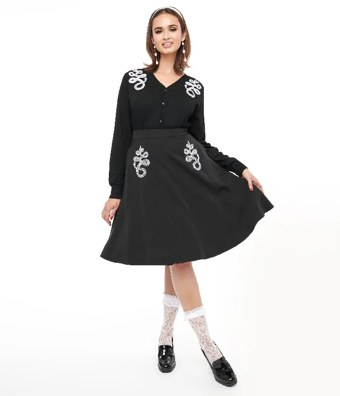 Durable cotton skirts for tough daily use -Black & White Snake Embroidered Swing Skirt