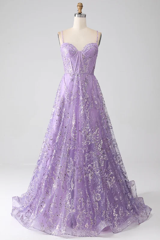 Halter Dresses for Chic Style -A-Line Spaghetti Straps Lilac Corset Prom Dress with Sequins