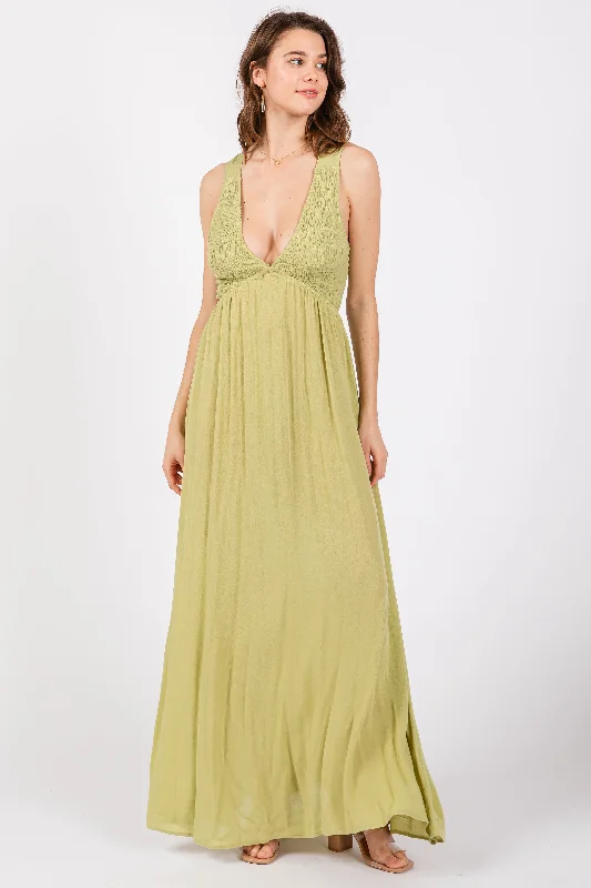 Vintage Dresses for Nostalgia -Lime Deep V-Neck Cross Back Maxi Dress