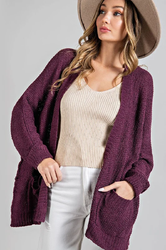 Belted cardigan to define the waist -Plum Cuff Sleeve Cardigan