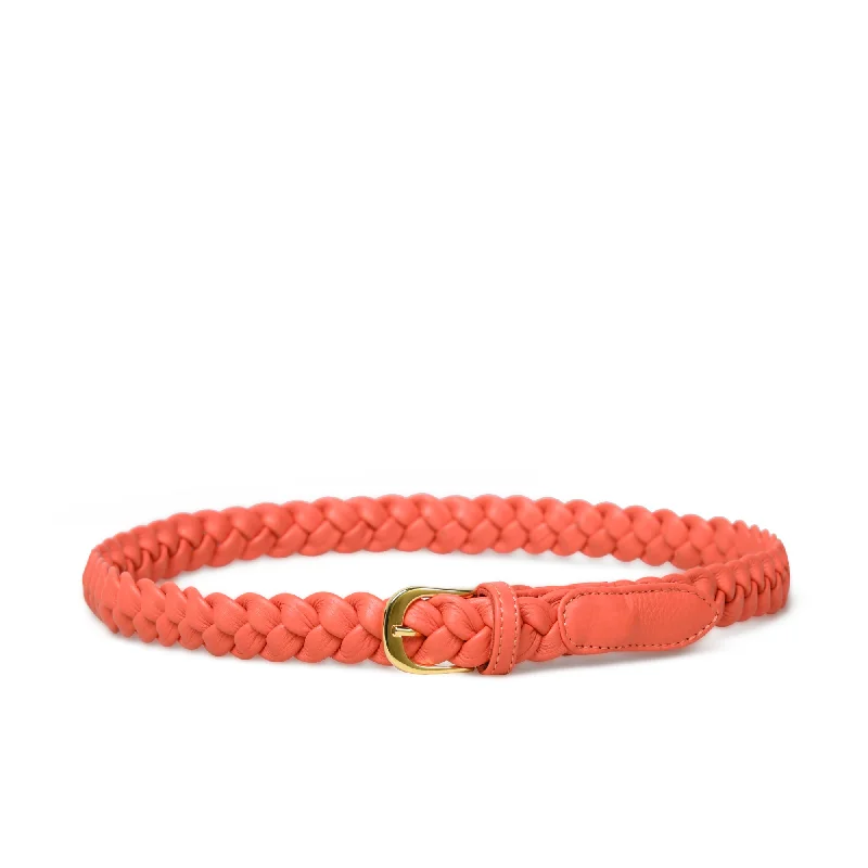 Handle bags with padded interiors for laptops -ARYA Woven Leather Belt in Coral Leather