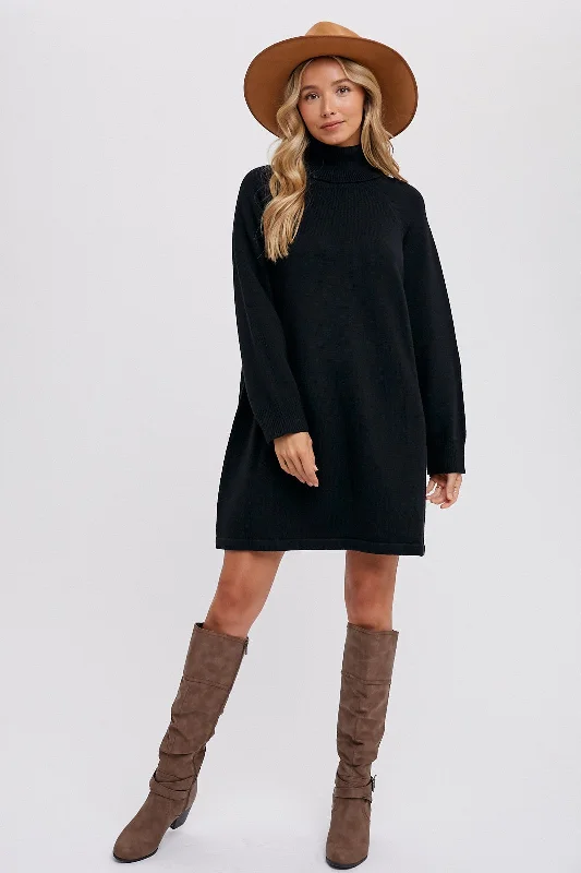 Low-waisted Dresses for Relaxed -Black Turtleneck Long Sleeve Sweater Dress