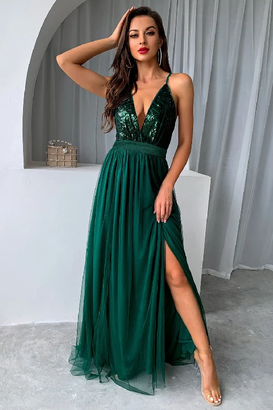 White Dresses for Pure Look -Dark Green A-Line Spaghetti Straps Long Prom Dress with Slit