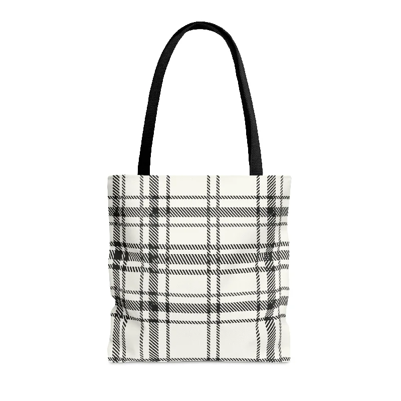 Handle bags with hidden pockets for security -Black & White Plaid Tote Bag