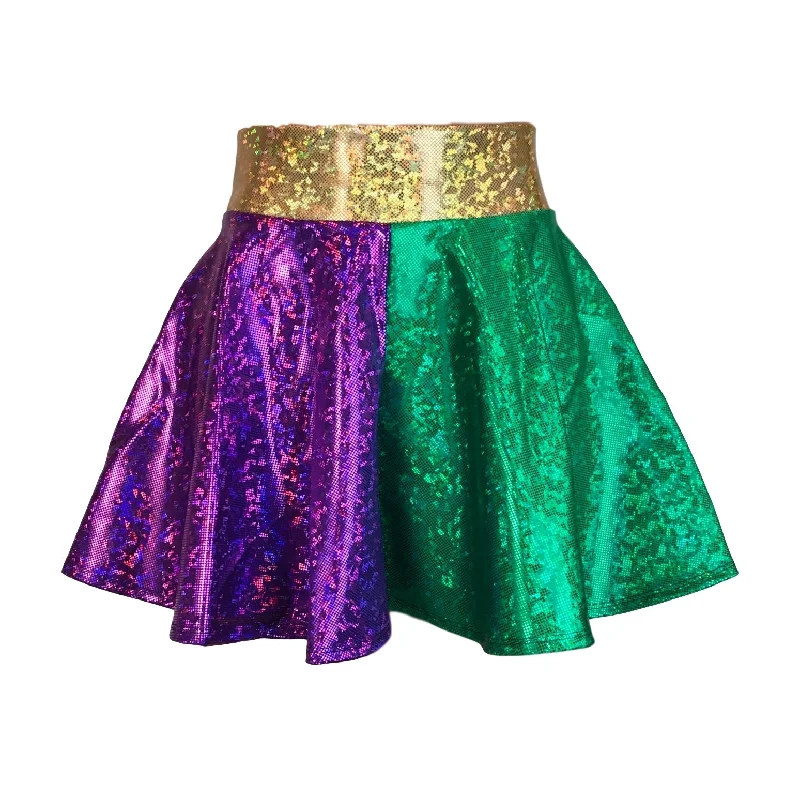 A-line skirts for flattering timeless silhouettes -CHILD Mardi Gras Holographic High Waisted Skater Skirt - Mardi Gras Costume