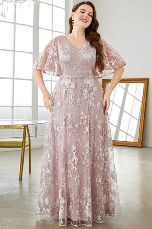 Gothic Dresses with Dark Tone -Grey Pink A-Line V-Neck Embroidered Plus Size Prom Dress