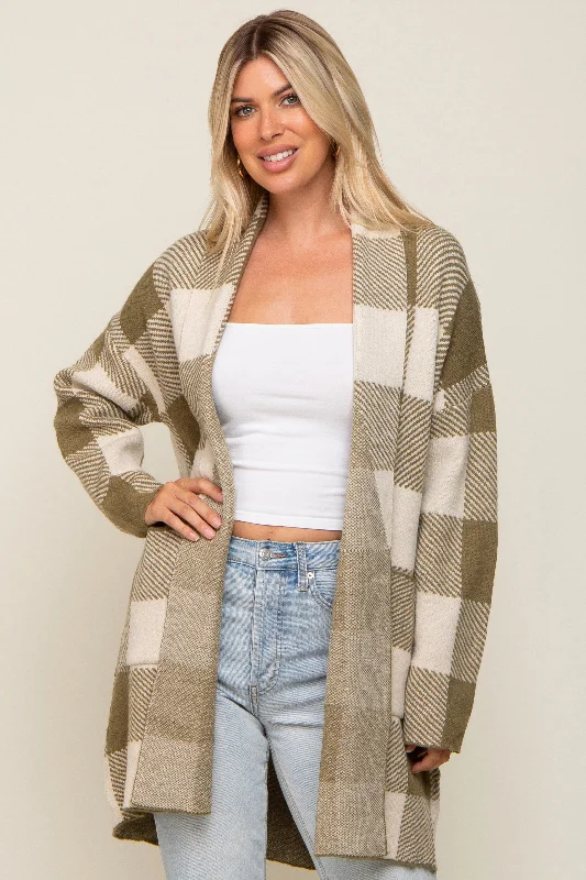 Solid - color cardigan for simple elegance -Olive Plaid Shawl Cardigan