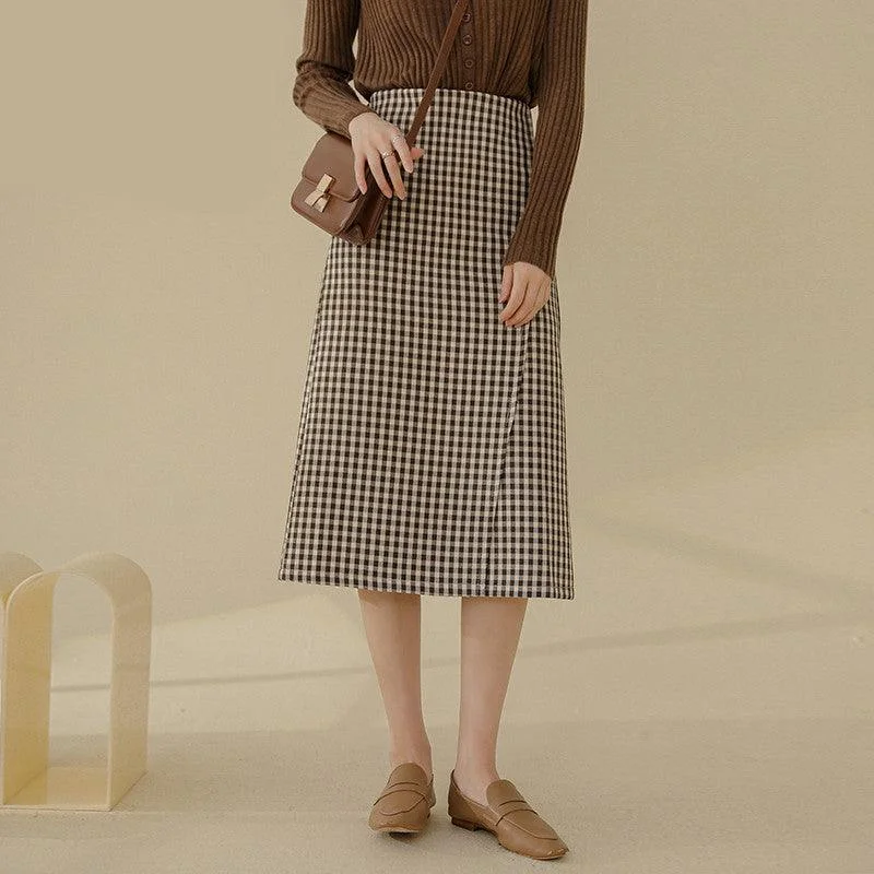 Pleated midi skirts for timeless grace -Ladies Mid-length Plaid Skirt