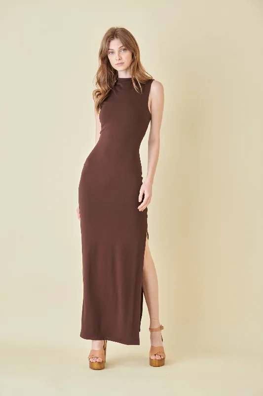 Polyester Dresses for Durable -Brown Asymmetrical Neck Side Slit Maxi Dress