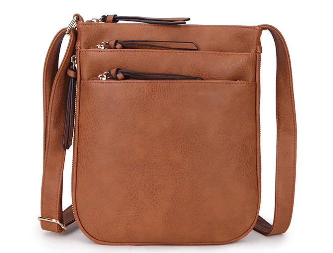 Handle bags with sleek zippers for closure -PLAIN CURVED TAN MULTI COMPARTMENT CROSS BODY SHOULDER BAG