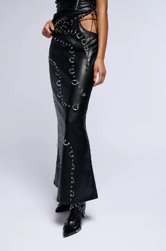 Designer pencil skirts for sharp professional looks -ASTIN PIERCED FAUX LEATHER MAXI SKIRT