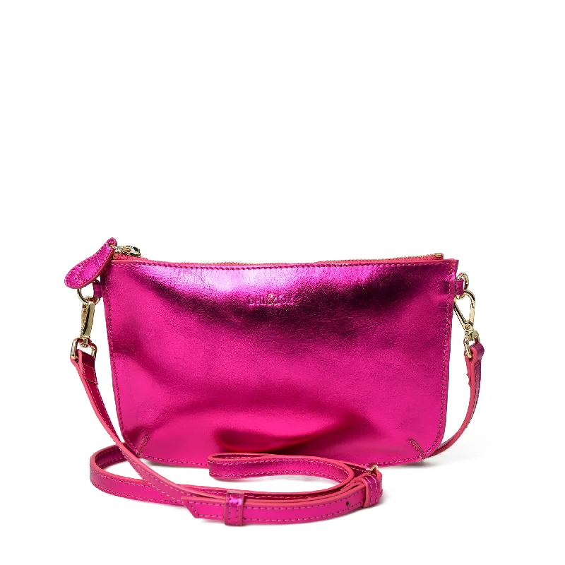 Handle bags with tropical leaves for summer -IZZY Cross Body Bag / Clutch - Fuschia Metallic