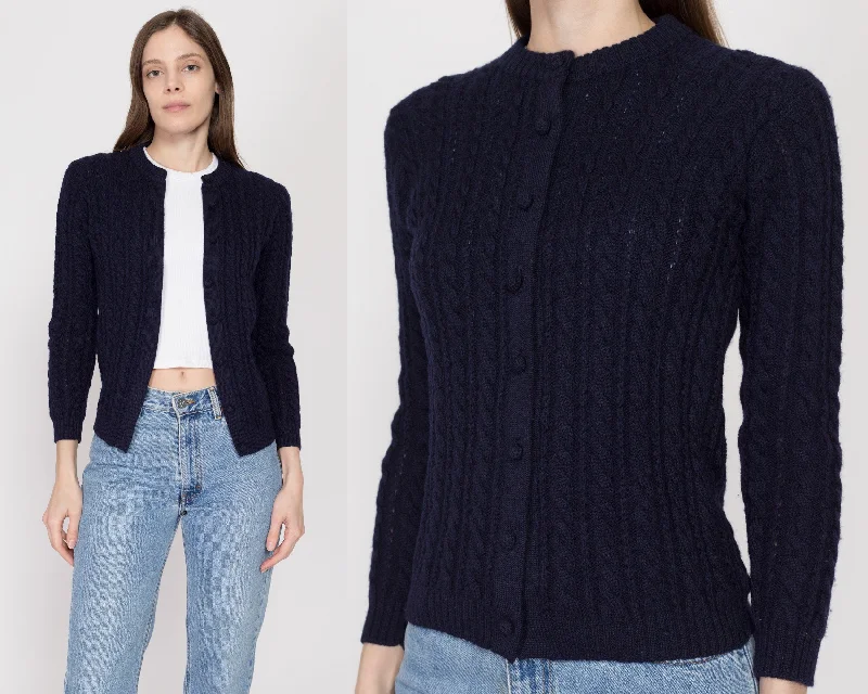 Gray - cardigan for a sophisticated and understated look -XS 70s Navy Blue Cable Knit Cardigan