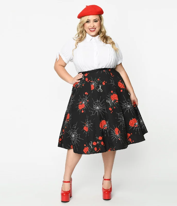 Casual skirts for effortless everyday wear -Collectif 1940s Black Spinners Web & Roses Swing Skirt