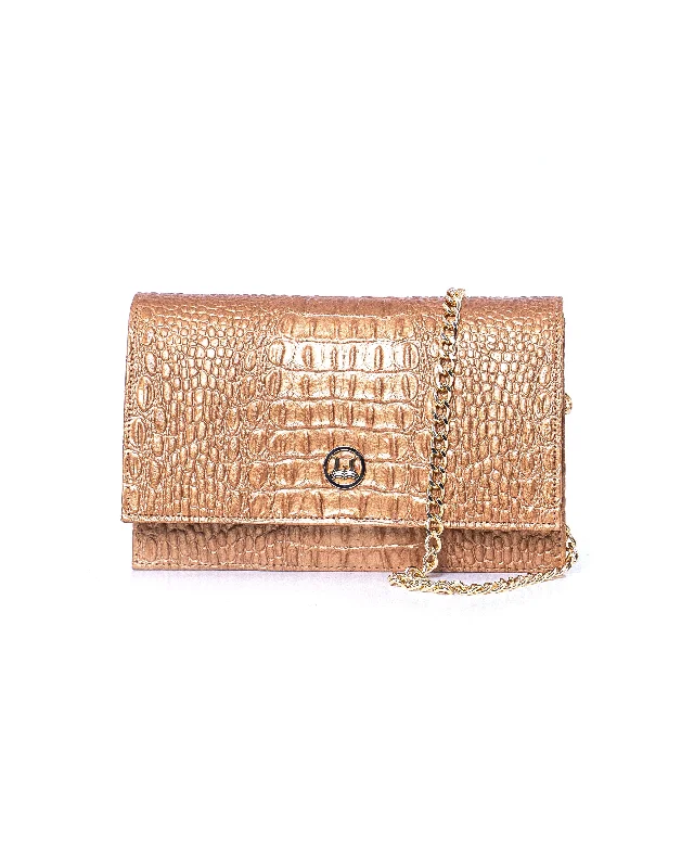 Handle bags with floral embroidery for detail -Dakar: Gold Textured Crocodile Print