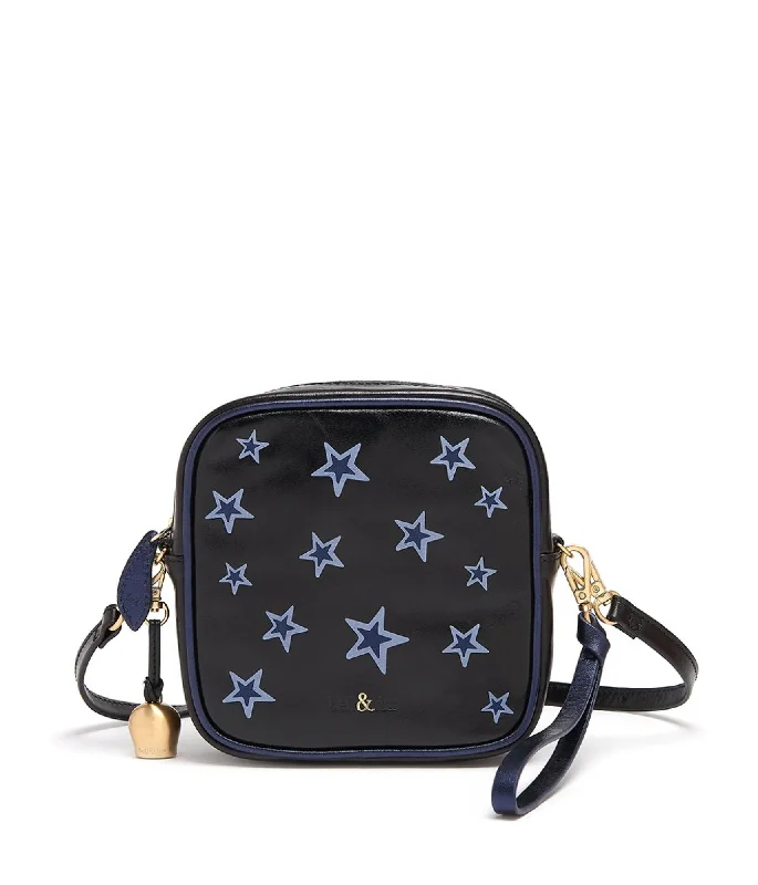 Handle bags with modern cutouts for style -MARLO Mini Cross Body Bag / Wristlet Clutch - Black Star Print