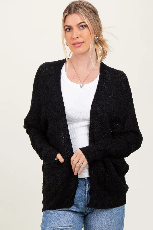 Wedding - guest cardigan for an elegant ensemble -Black Pocketed Open Cardigan