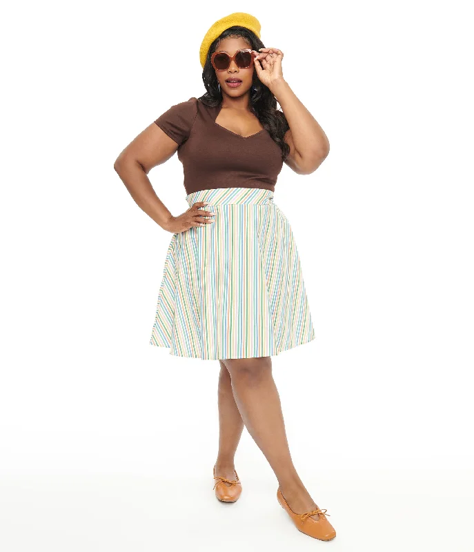 Cute pleated skirts for youthful school outfits -Retrolicious Plus Size 1950s Rainbow Diagonal Stripe Skater Skirt