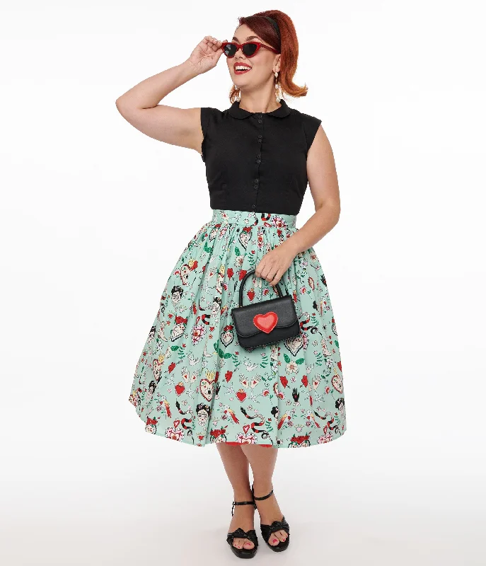 Classic skirts with simple clean lines -Hell Bunny 1950s Mint Green Tijuana Print Cotton Swing Skirt