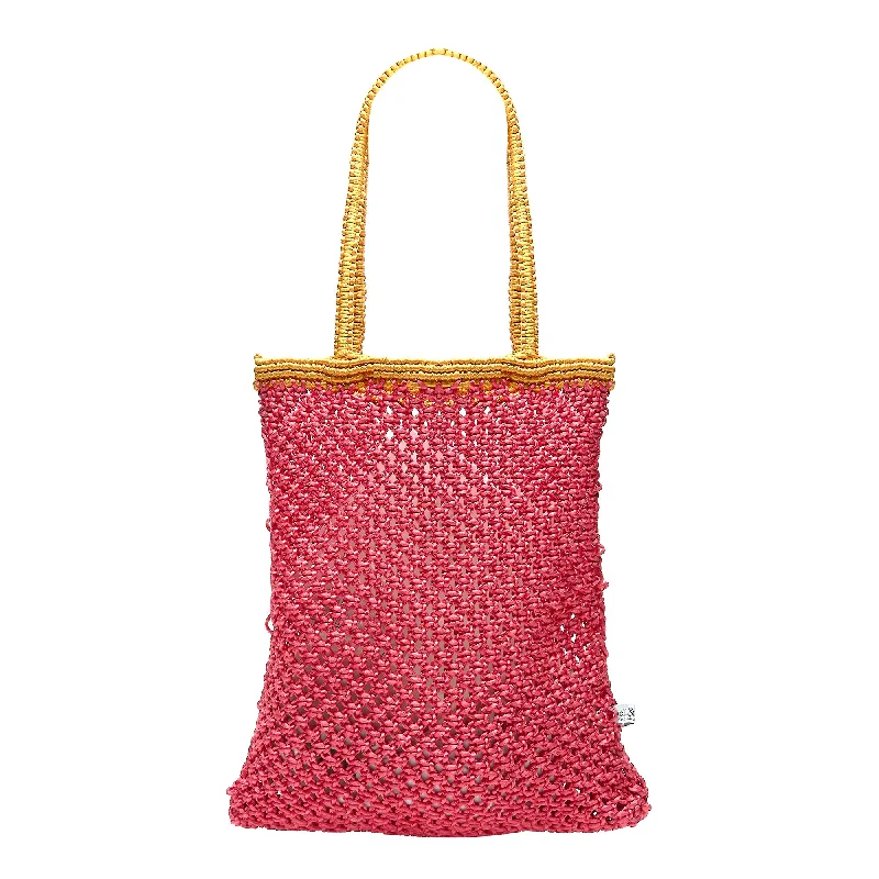 Handle bags with eco-friendly bamboo handles -KIYANA Hand Woven Macrame Bag - Hot Pink & Ochre