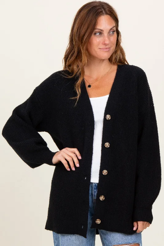 Fashion - show cardigan for a trendy statement -Black Knit Oversized Button Down V-Neck Cardigan