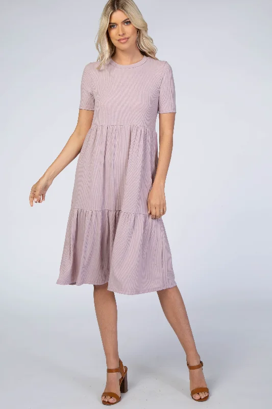 Floral Dresses for Romantic -Lavender Ribbed Tiered Dress