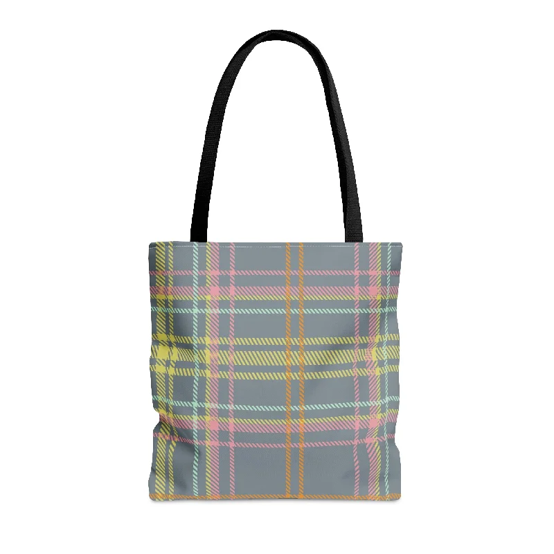 Handle bags with denim fabric for casual -Gray & Yellow Plaid Tote Bag