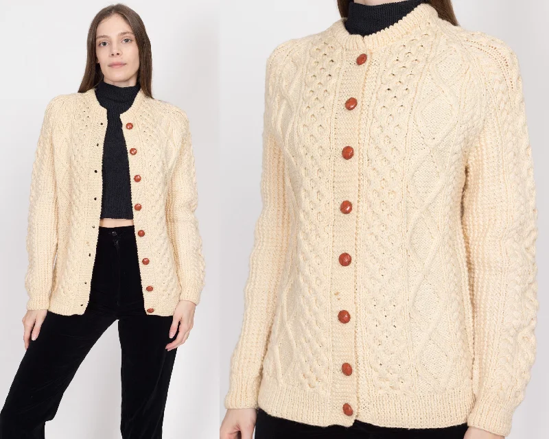 Plaid - cardigan for a classic - American look -Medium Vintage Cream Wool Cable Knit Cardigan