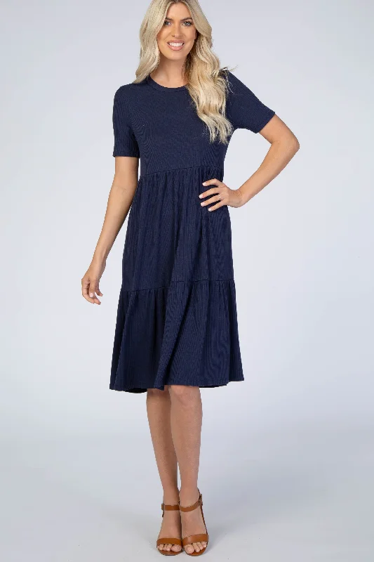 Printed Dresses with Patterns -Navy Blue Ribbed Tiered Dress