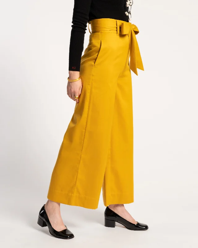 High-rise tight trousers for women with pleated front and classic look -Zoey Belted Cotton Pant Mustard