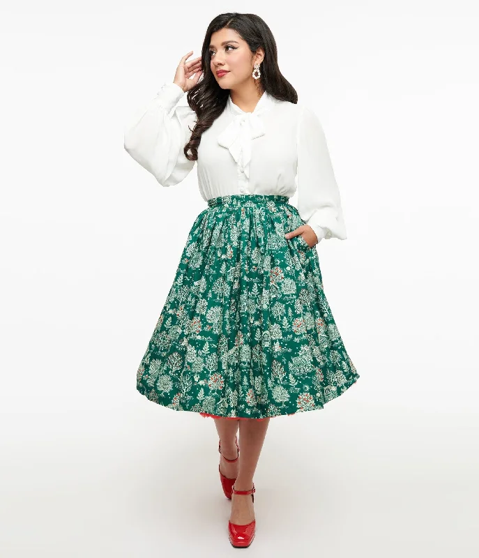 Soft cotton skirts for sensitive skin ease -Unique Vintage 1950s Green Winter Print Gellar Swing Skirt