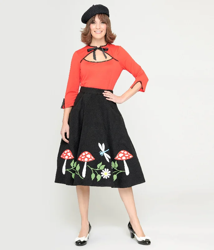 Durable denim skirts for rugged daily wear -Unique Vintage Black & Mushroom Soda Shop Swing Skirt