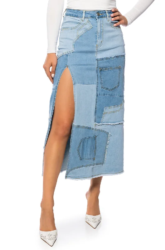 Affordable skirts with trendy slit details -ANGEL PATCHWORK DENIM MAXI SKIRT