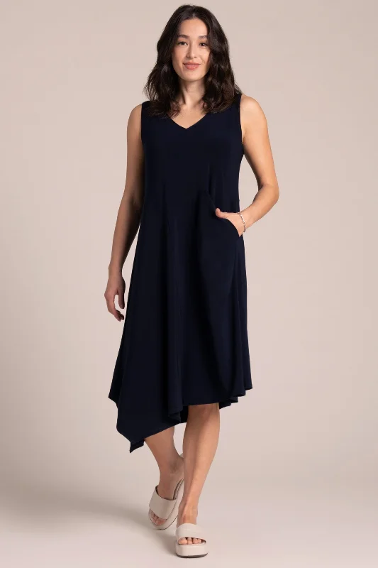 Short-sleeved Dresses for Summer -Sleeveless Slant Pocket Dress | Navy